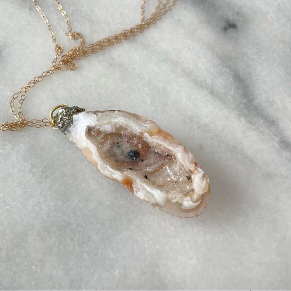 Handmade | Cream White Orange Geode Pendant 32in 14K Gold Filled Chain Necklace - Picture 2 of 6